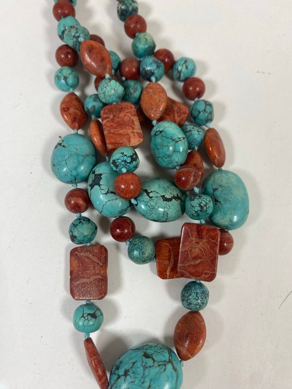 Lucas Lameth LUC 925 Sterling Turquoise & Red Coral Triple Strand Necklace